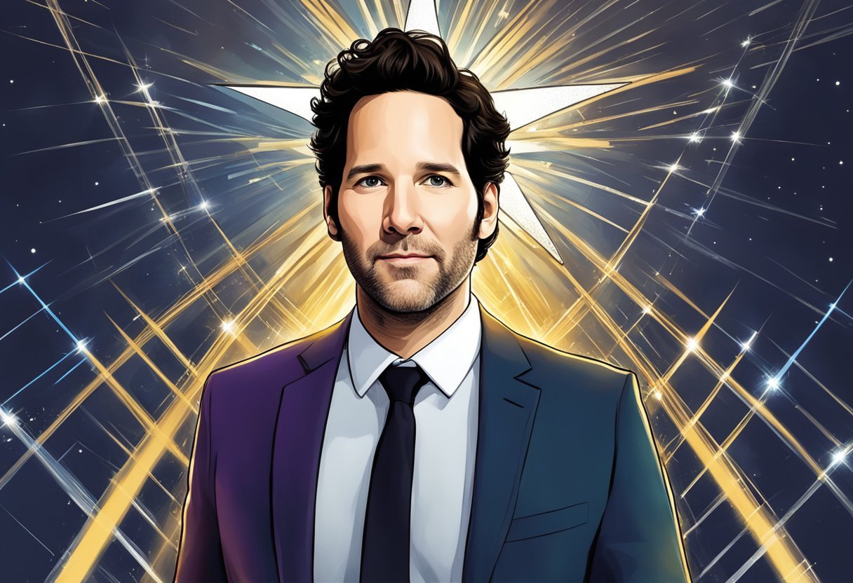 Paul Rudd's rise to fame and success, symbolized by a shining star breaking through the darkness, representing his net worth and stardom