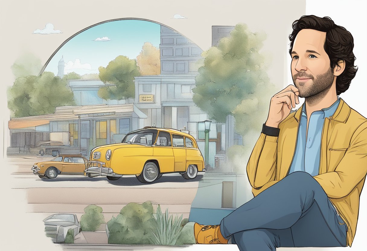 Paul Rudd's early life and career can be illustrated with images of him growing up, attending auditions, and landing his first roles, showing how his journey has impacted his current net worth